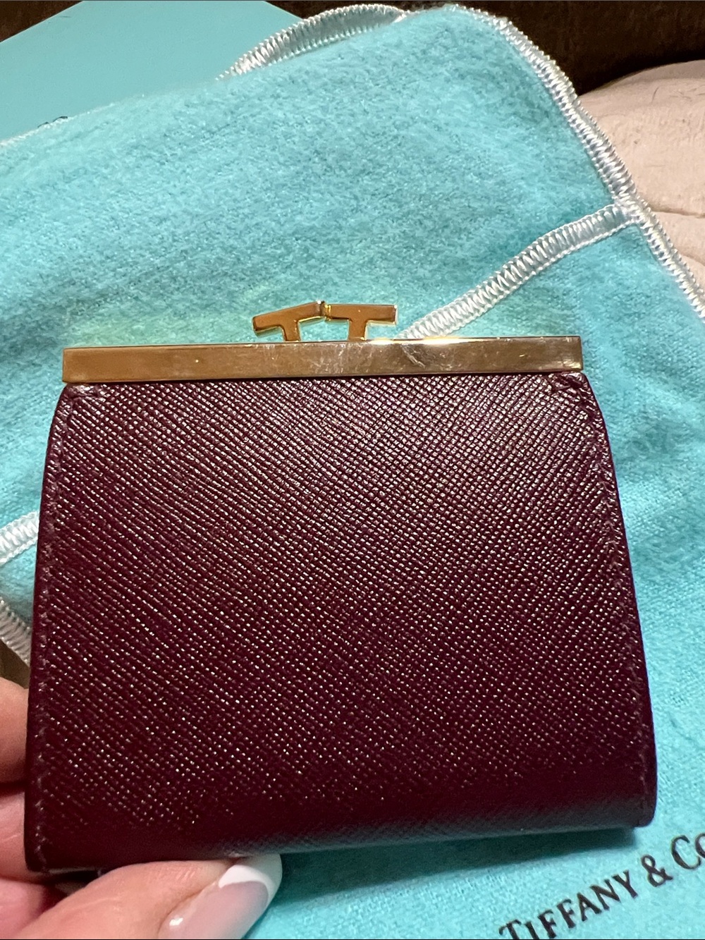 Tiffany & Co. Burgundy Textured Leather Frame Wallet with Gold Hardware